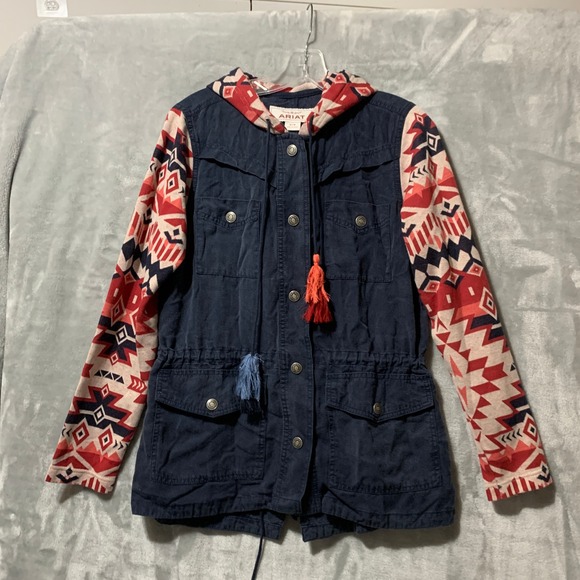 Ariat Hooded Jacket Womens Medium Navy Aztec Western Boho Cowgirl Southwestern - Picture 1 of 16